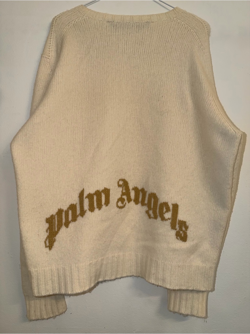 Palm Angels Cream Knit Sweater With Gold Logo